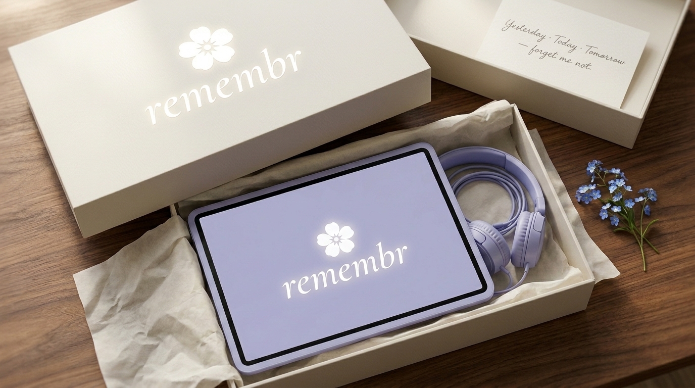 The lavender remembr edition for elders — open presentation box with tablet, headphones, and a handwritten keepsake card