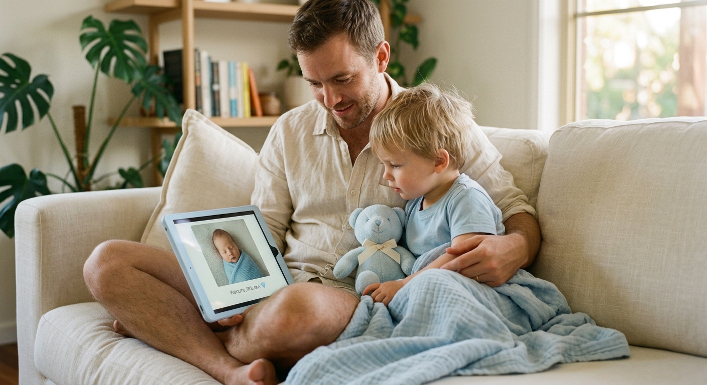 A father and his young son watching Jordy's remembr chapter together on the sofa